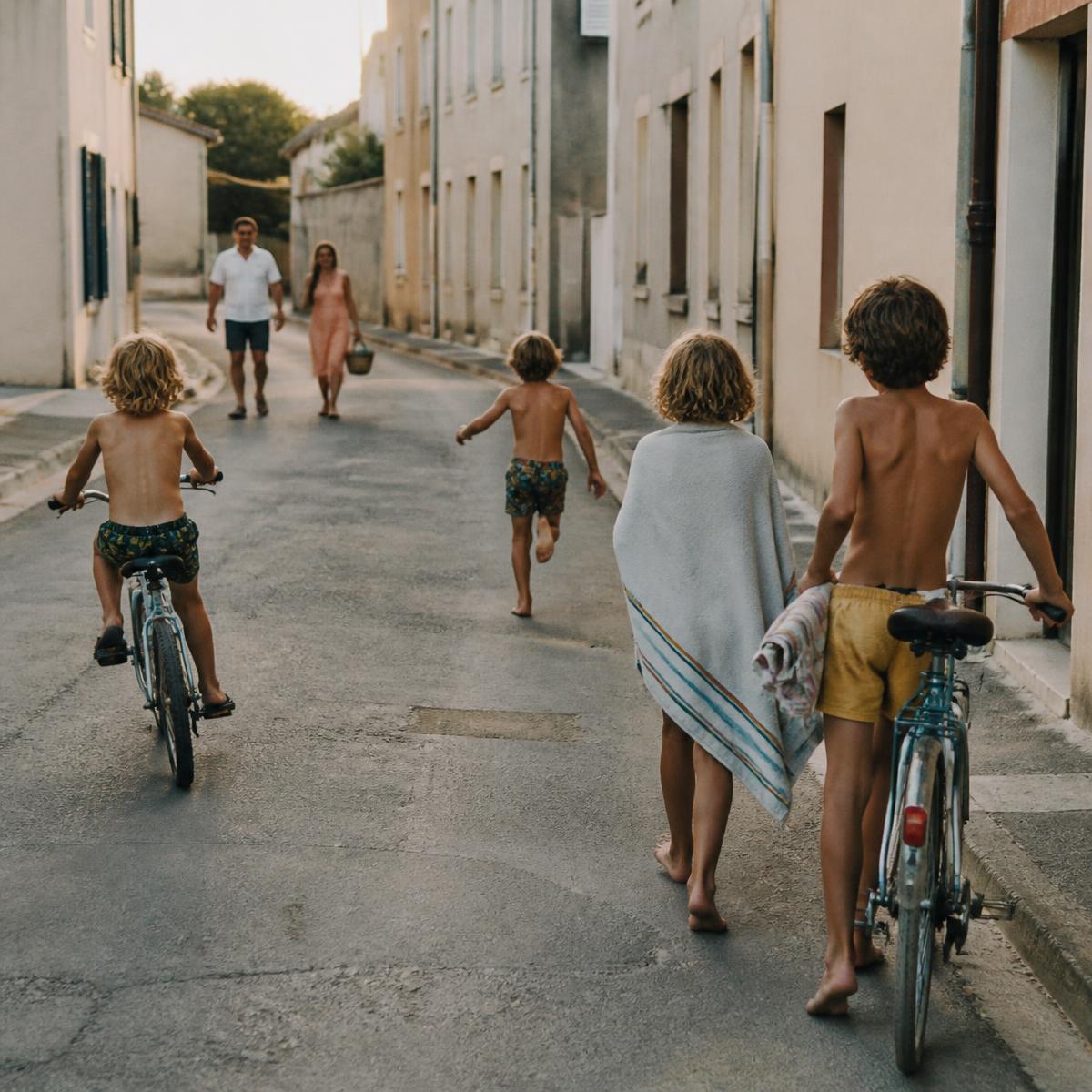 Children walking home through a car-free street