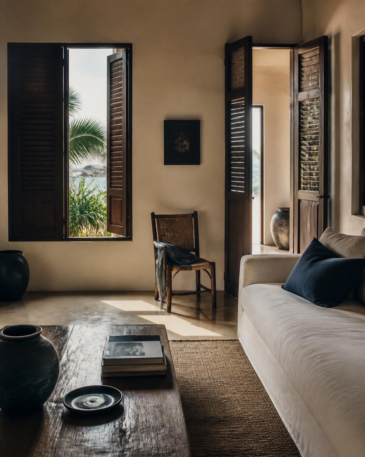 A calm private residence interior in late afternoon light